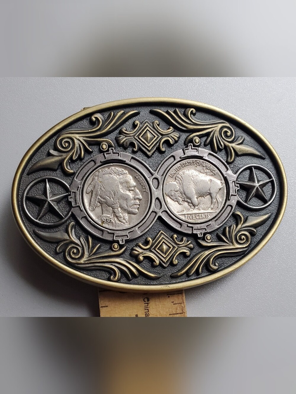 Antique-Style Brass Tone and Silver Buffalo Nickel Oval Belt Buckle Western